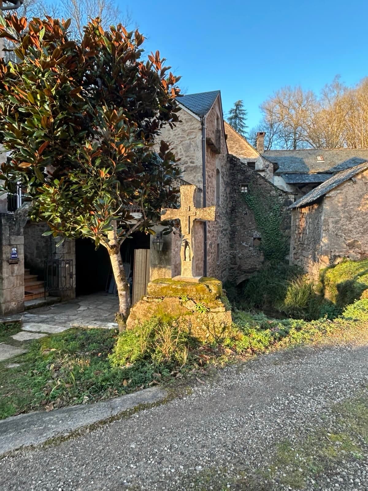 Croix de pierre et magnolia devant l'entrée du moulin de Vignars